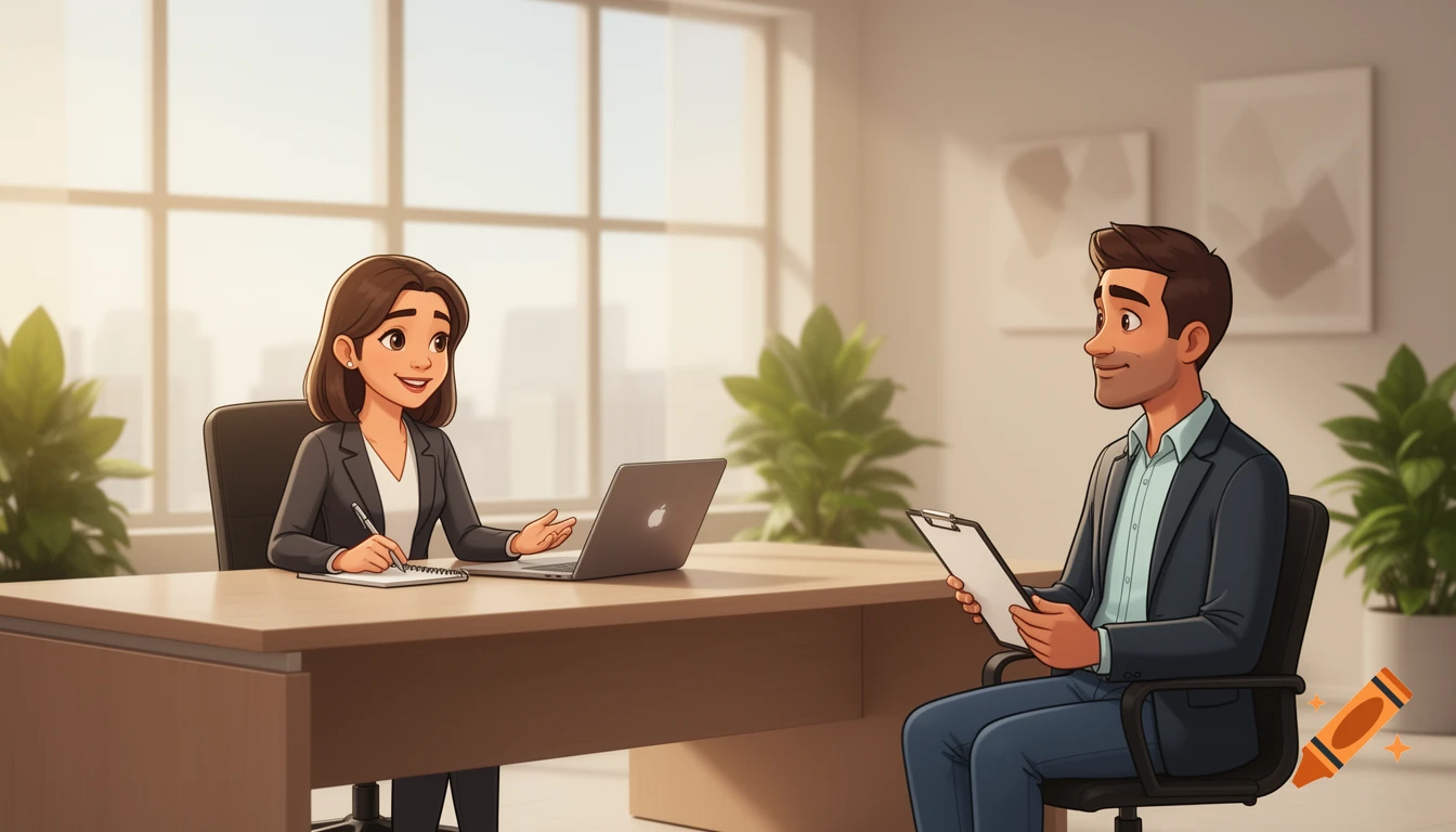 Interview Computer Cartoon Cartoon illustration of a job interview in a modern office, with a ...
