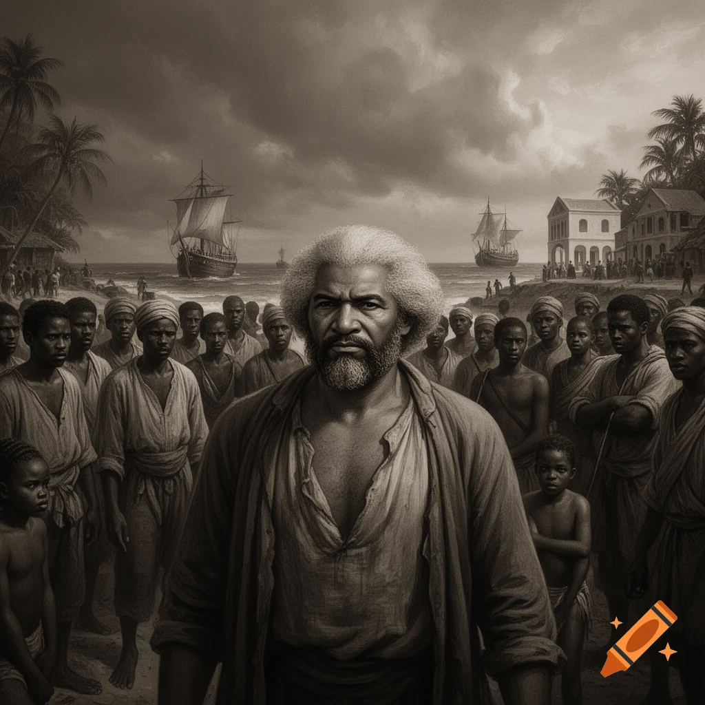 Sepia-toned illustration of a stern Frederick Douglass among a crowd of Black people on a beach with slave ships and a settlement.