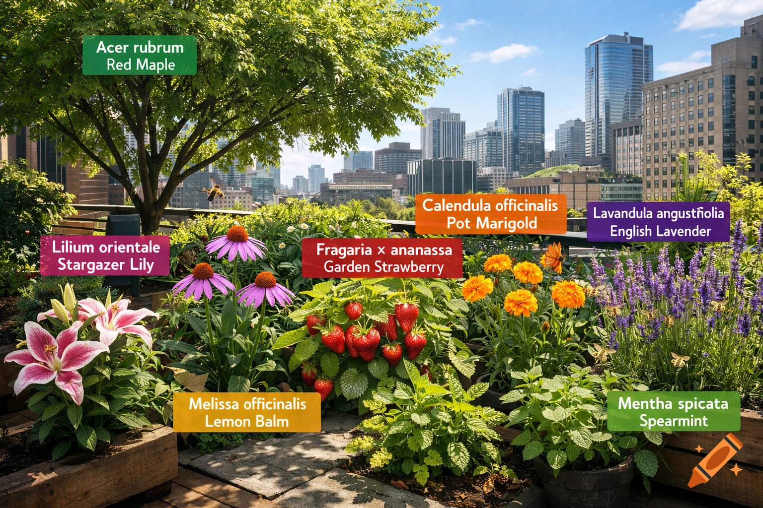 A vibrant rooftop garden features labeled plants like Stargazer Lily, Garden Strawberry, English Lavender, and a Red Maple tree, with a city skyline in the background.