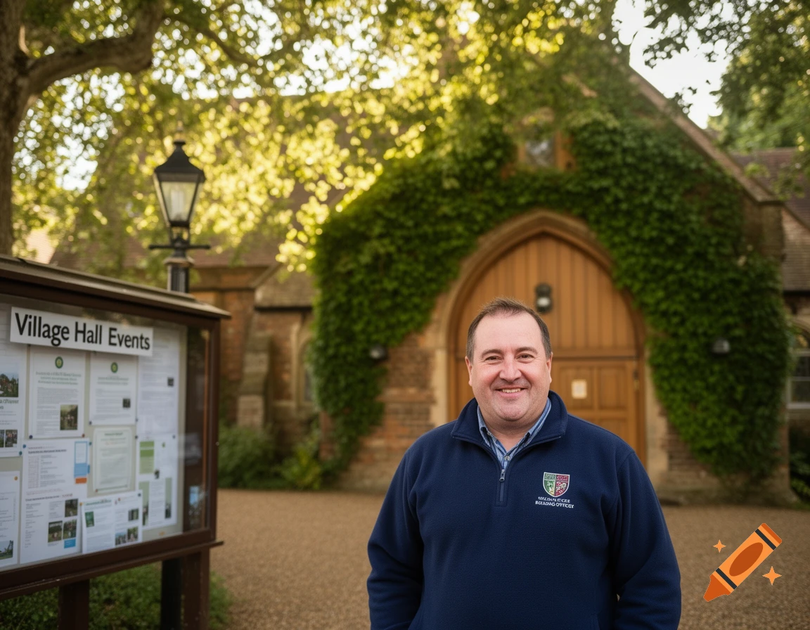 A smiling man in a navy pullover stands outside an ivy-covered English village hall with an events board.