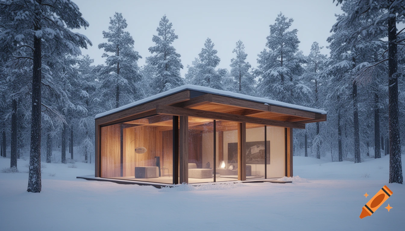 A modern glass and wood cabin with warm interior lights in a snowy forest at dusk, photorealistic style.