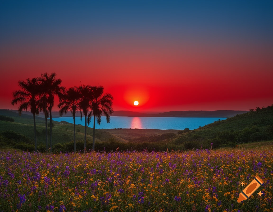 Photorealistic tropical sunset over a lake with silhouetted palm trees ...
