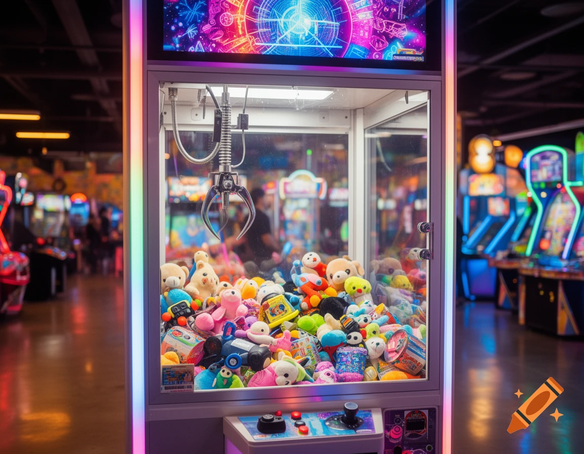 A colorful claw machine filled with numerous plush toys sits prominently in a dimly lit arcade, surrounded by glowing game cabinets.
