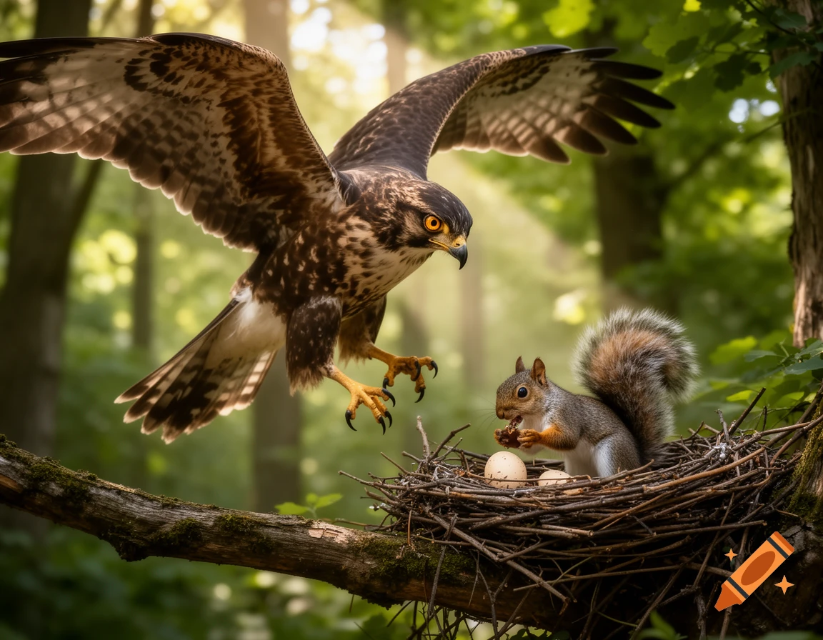 A photorealistic image of a hawk with outstretched wings swooping ...