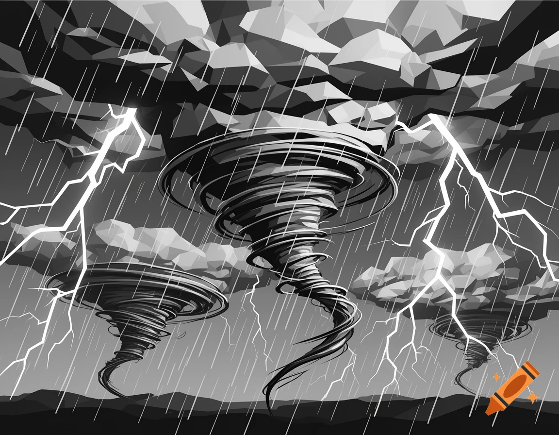 Black and white vector art of three tornadoes in a stormy landscape with rain and lightning.