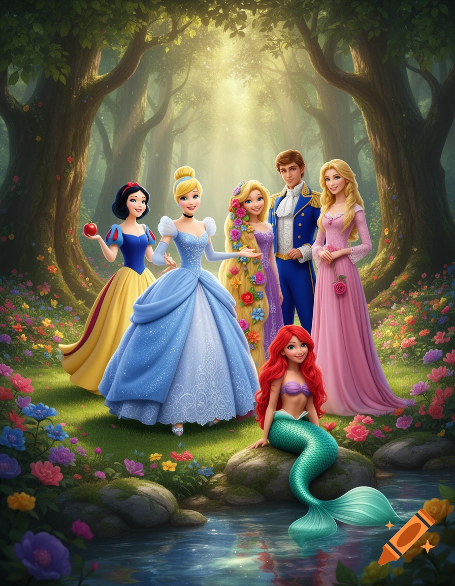 Snow White, Cinderella, Rapunzel, Sleeping Beauty, Prince Charming, and Ariel the mermaid in a magical, sunlit forest filled with colorful flowers.