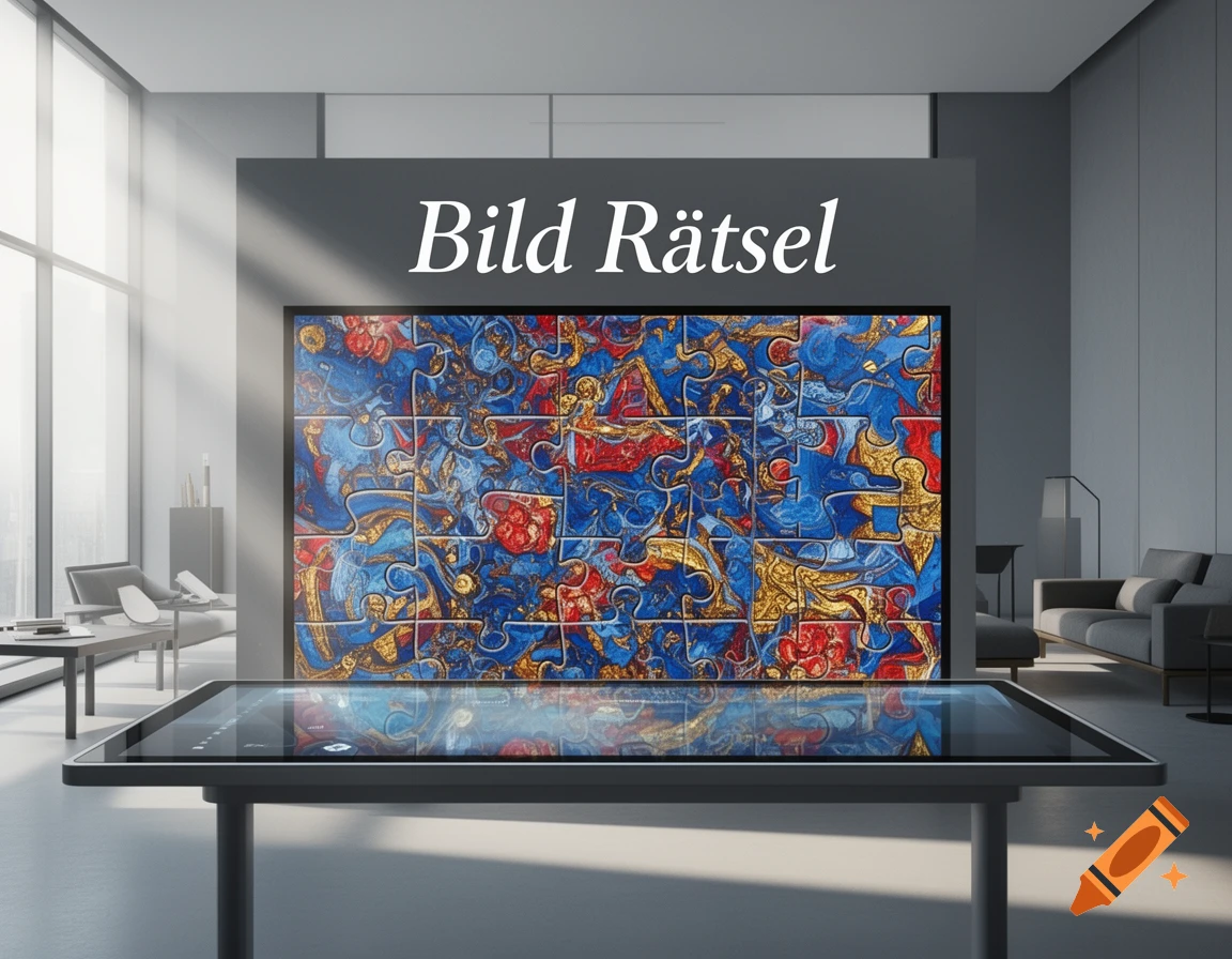 A large screen displaying an abstract puzzle with red, blue, and gold patterns, titled 'Bild Rätsel', in a modern, sunlit room with a reflective table.