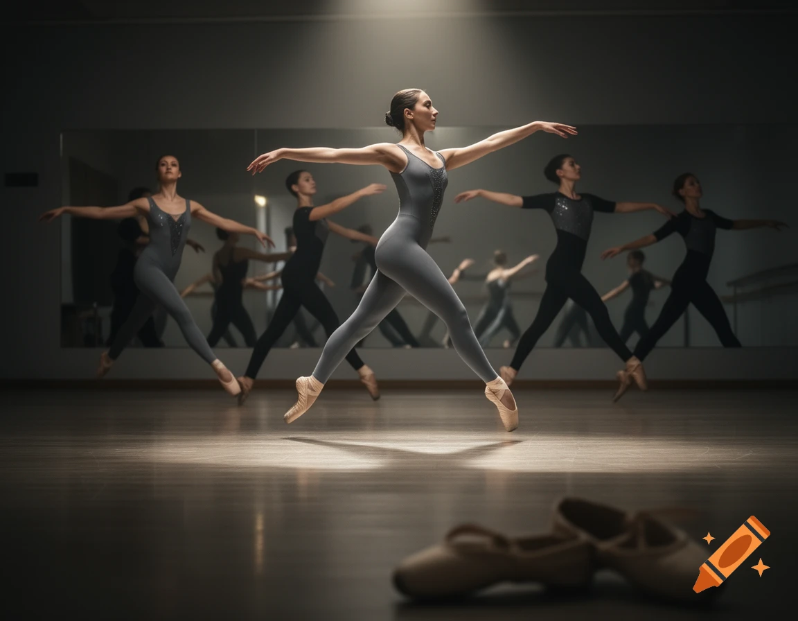 Ballerinas in grey leotards pose in a dimly lit dance studio with mirrors. A pair of ballet shoes rests on the wooden floor.