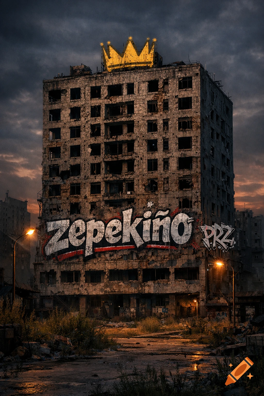 Dilapidated multi-story building with 'ZEPEKIÑO' graffiti and 'PRZ' tag, crowned with gold, under a dramatic, cloudy sky. Photorealistic.