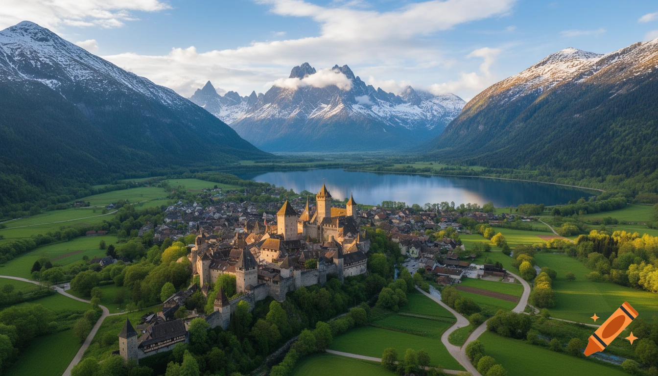 Aerial view of a medieval castle and town nestled in a green valley between snow-capped mountains and a clear blue lake.