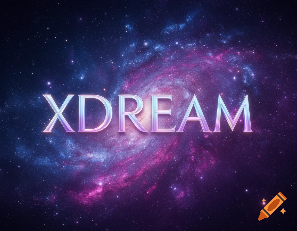 The word XDREAM in glowing metallic letters against a vibrant purple and blue galaxy background.