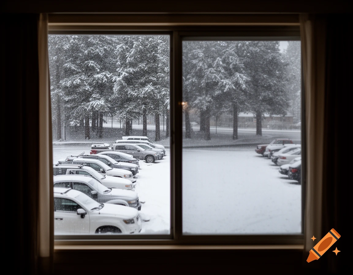 A view through a window showing a snow-covered parking lot with cars and fir trees in the background during a snowfall.