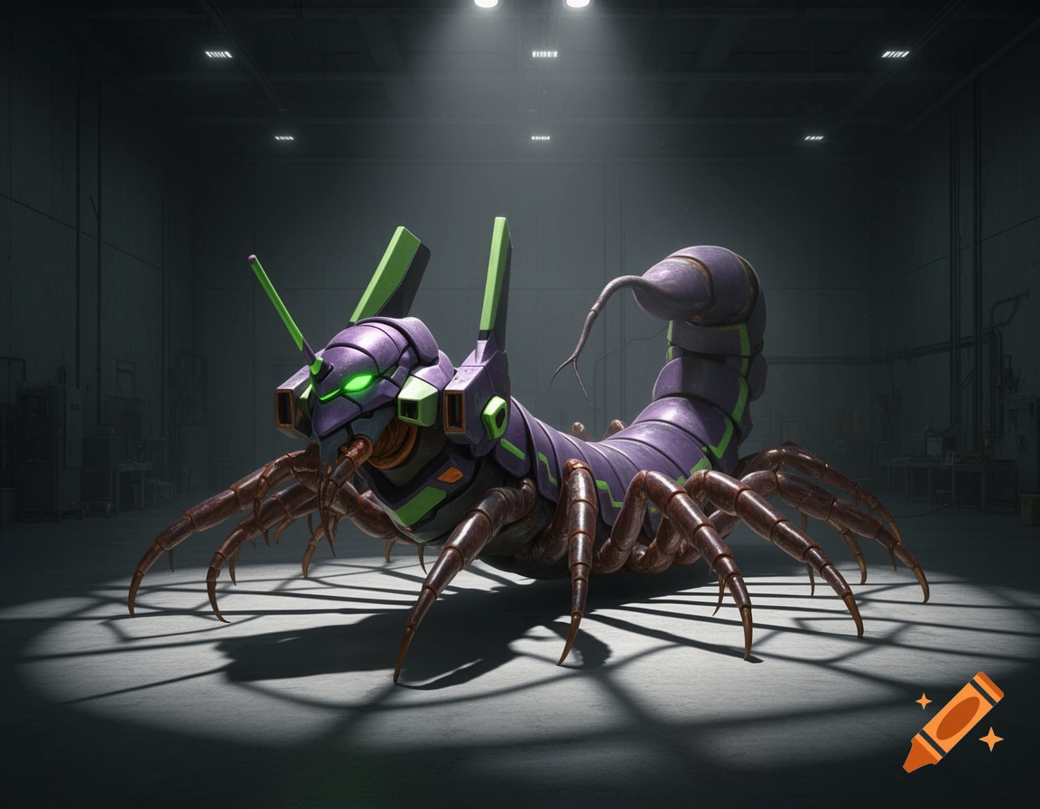 A futuristic purple and green mecha-centipede with glowing green eyes and multiple legs stands in a dimly lit industrial hangar.