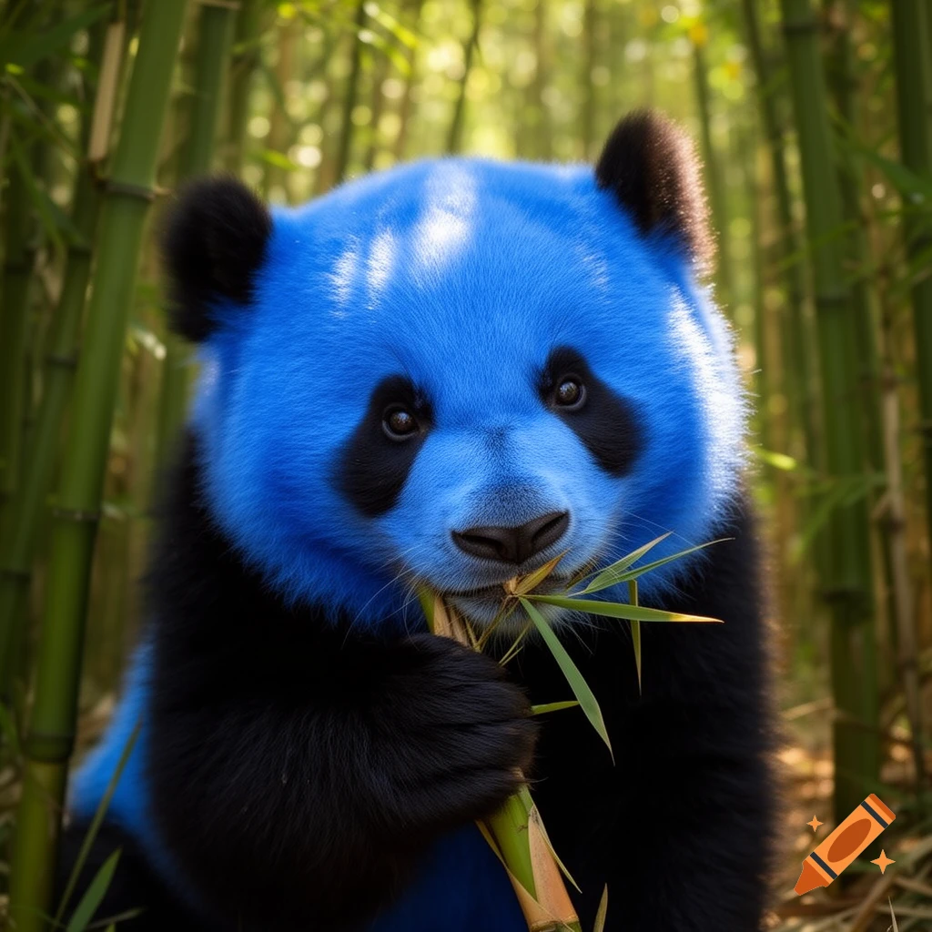 A vibrant blue panda with black patches sits in a lush bamboo forest ...