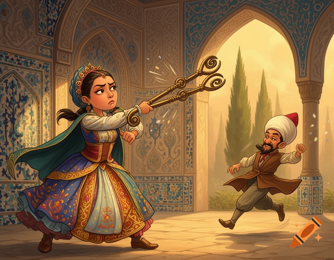 Cartoon woman in Middle Eastern dress angrily throws ornate tongs at a running man in an arched, tiled palace setting.