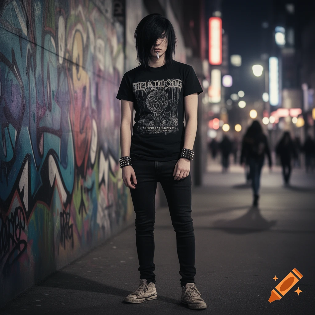 An emo person with black hair and studded bracelets stands in front of a graffiti-covered wall at night in an urban setting.