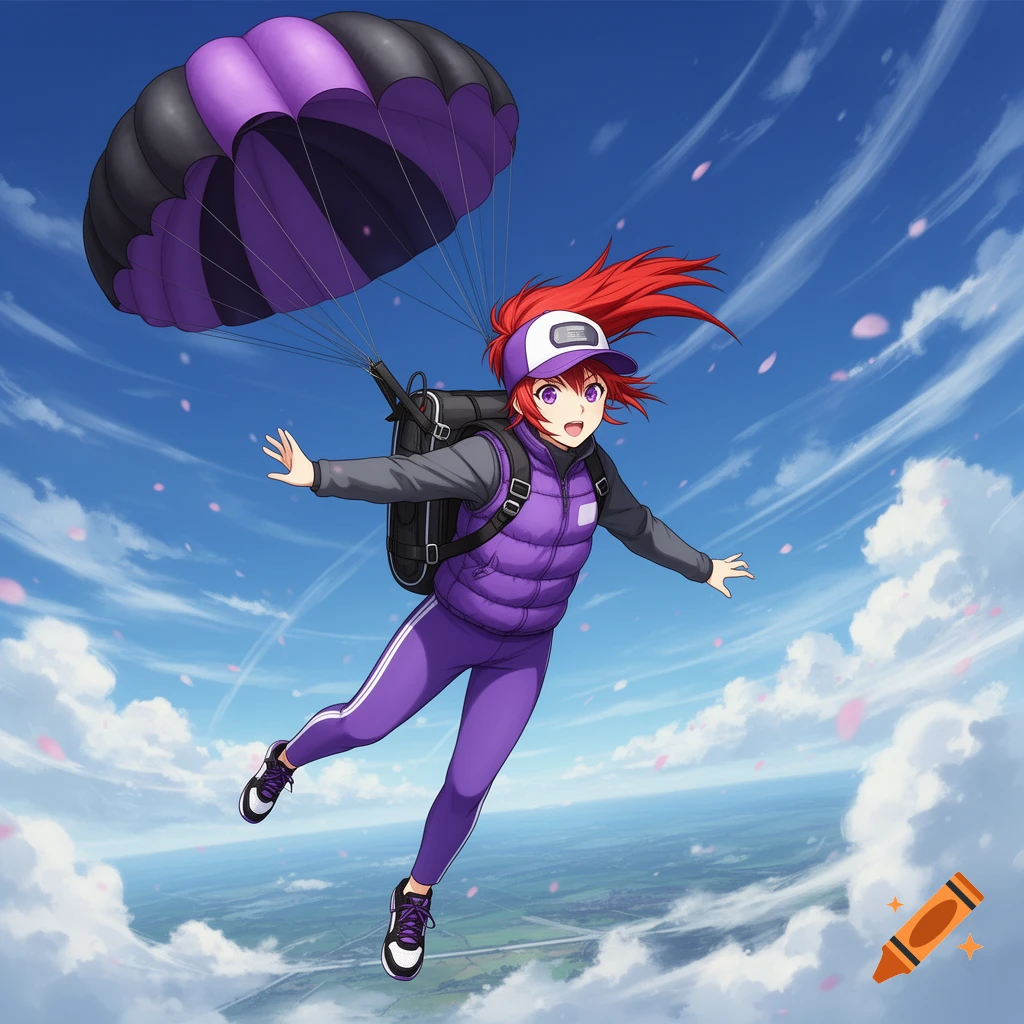 An anime stuntwoman with red hair and purple eyes, wearing a purple and white cap and purple athletic gear, skydives with a purple and black parachute against a blue sky with clouds and faint ground below.