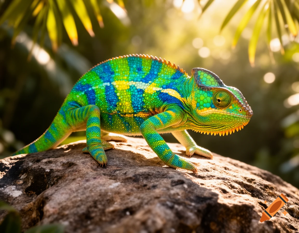 A vibrant green, blue, and yellow chameleon rests on a sunlit rock in a lush, blurry jungle environment, photorealistic.