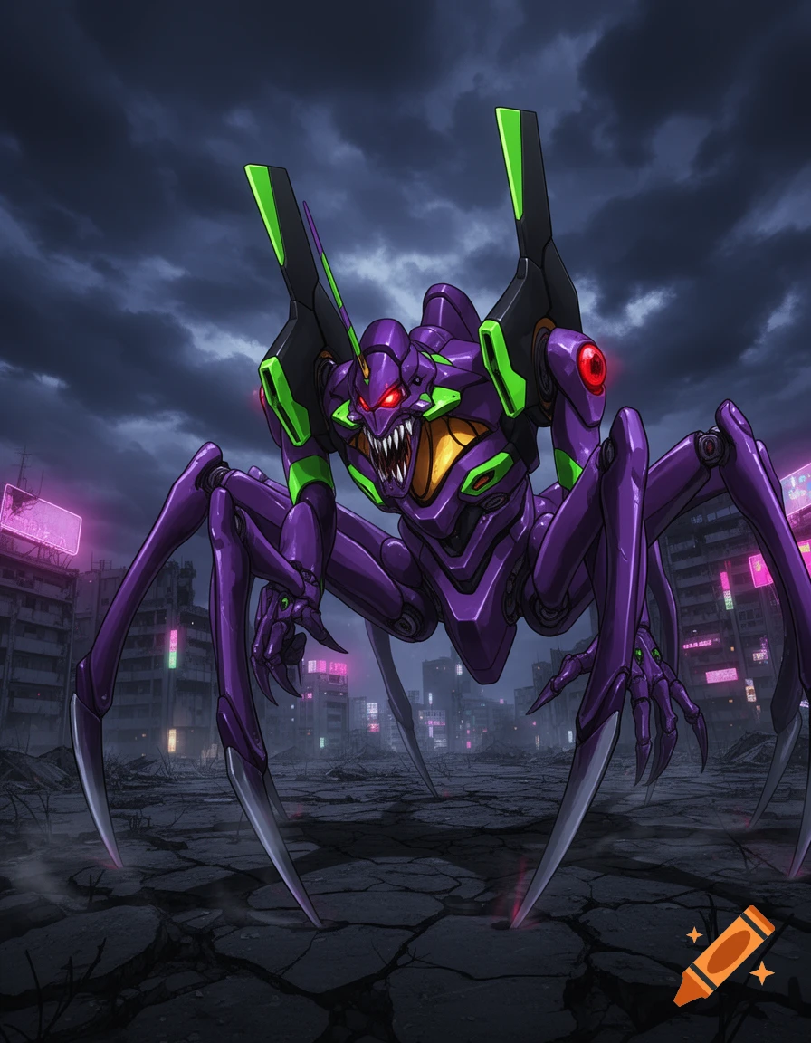 An aggressive purple and green spider-like Evangelion Unit-01 mech stands in a cracked, ruined city under a stormy sky.