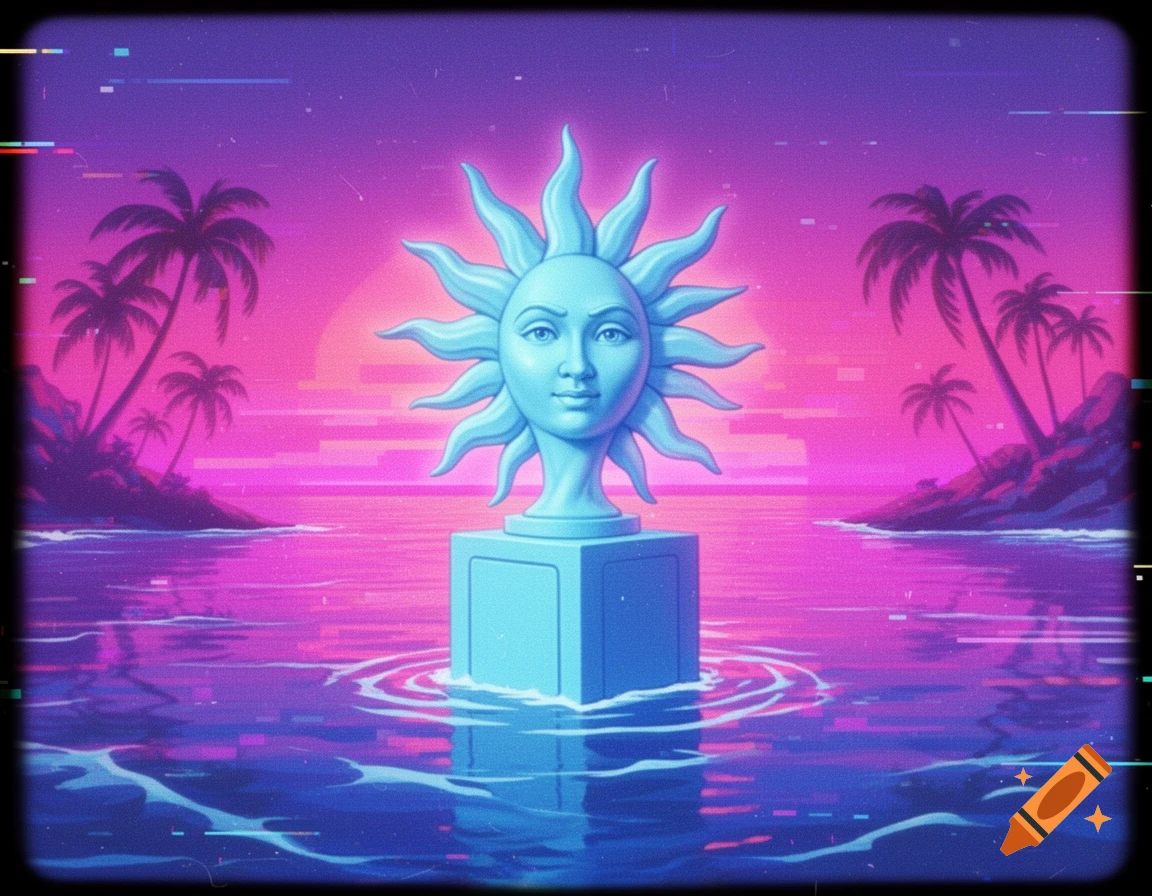 A light blue sun god bust on a cube base in a neon pink and purple Vaporwave ocean with palm tree islands and VHS effects.