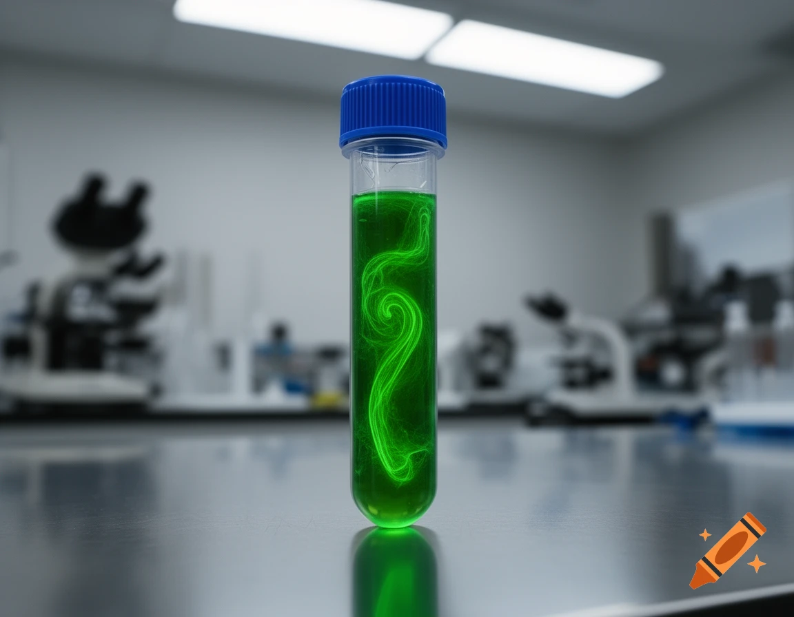 Photorealistic close-up of a test tube with glowing green liquid biomass on a laboratory counter, with blurred equipment in the background.