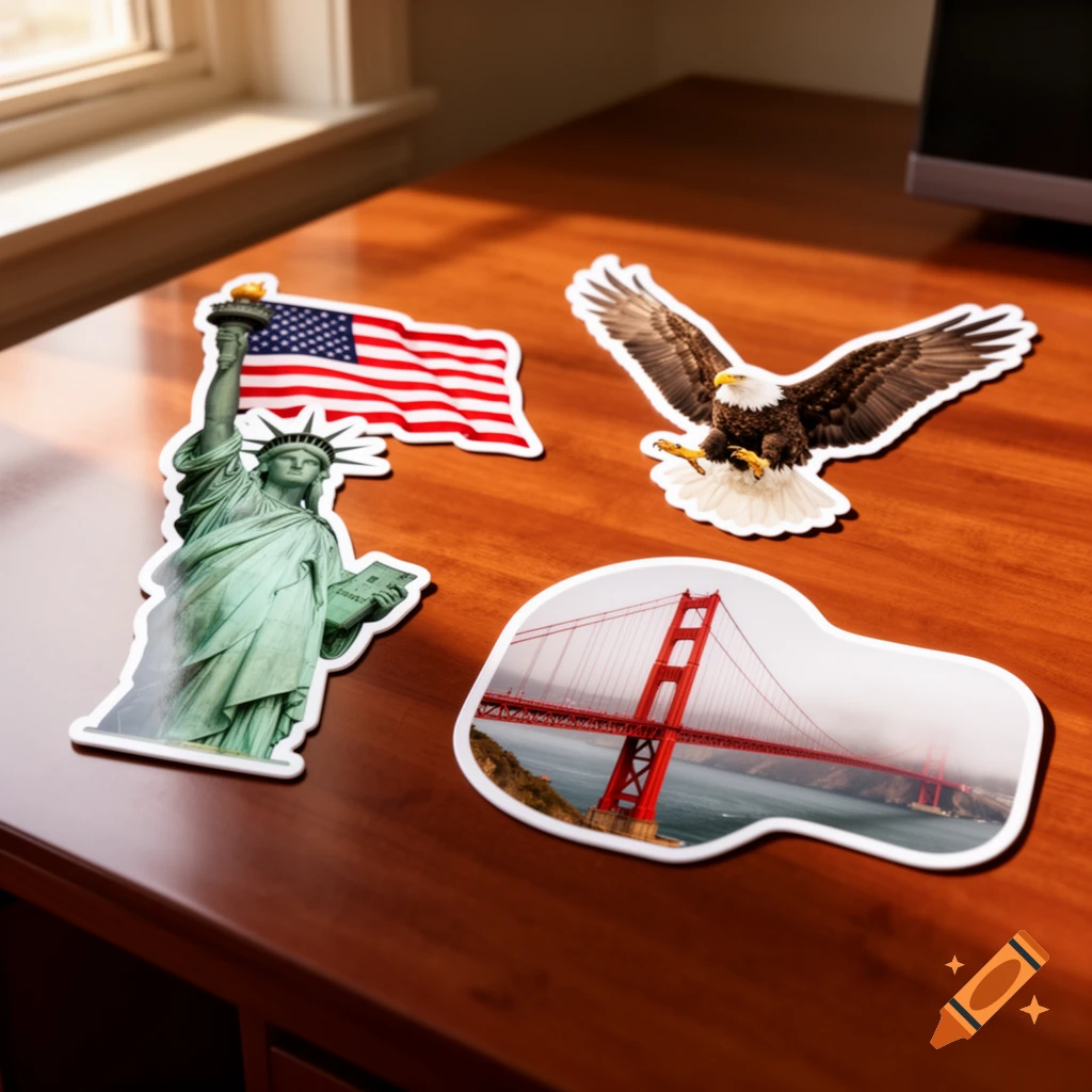 Photorealistic stickers of the Statue of Liberty, an American flag, a bald eagle, and the Golden Gate Bridge on a wooden desk.