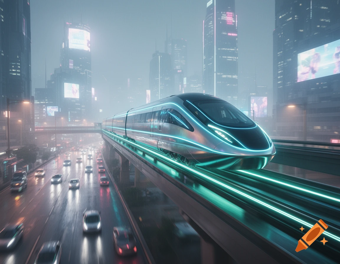 A sleek, futuristic train with glowing blue lines speeds along an elevated track through a misty, neon-lit sci-fi city with blurred cars below.