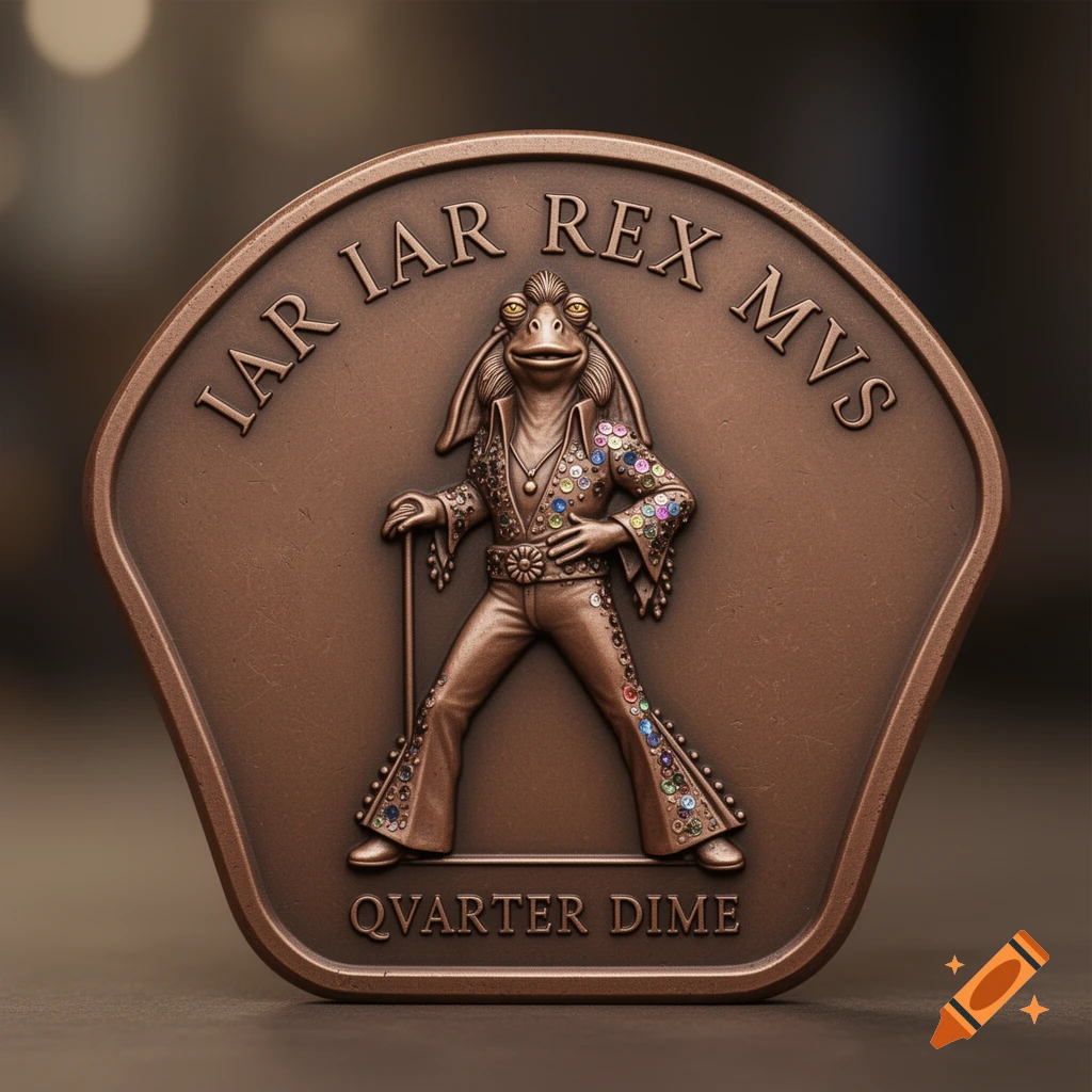 Bronze coin featuring Jar Jar Binks dressed as Elvis Presley with colorful gems, with text above and below.