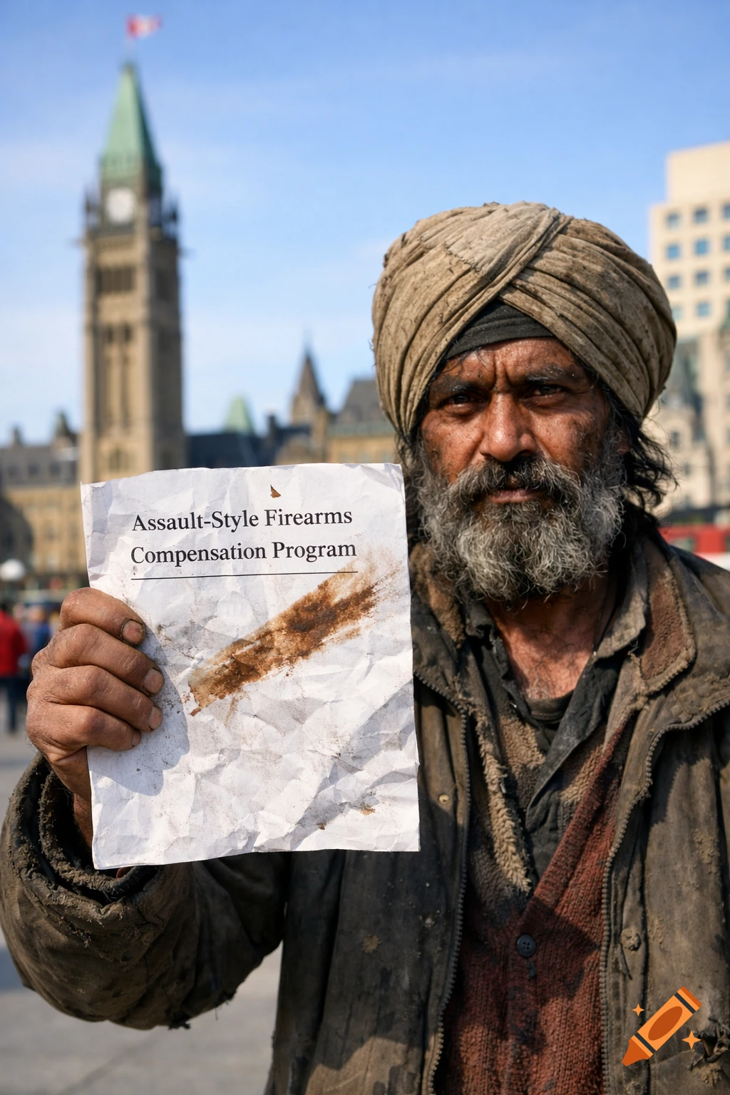 A man with a turban and beard holds a crumpled sign that reads "Assault-Style Firearms Compensation Program" with a brown smudge, a government building in the background.
