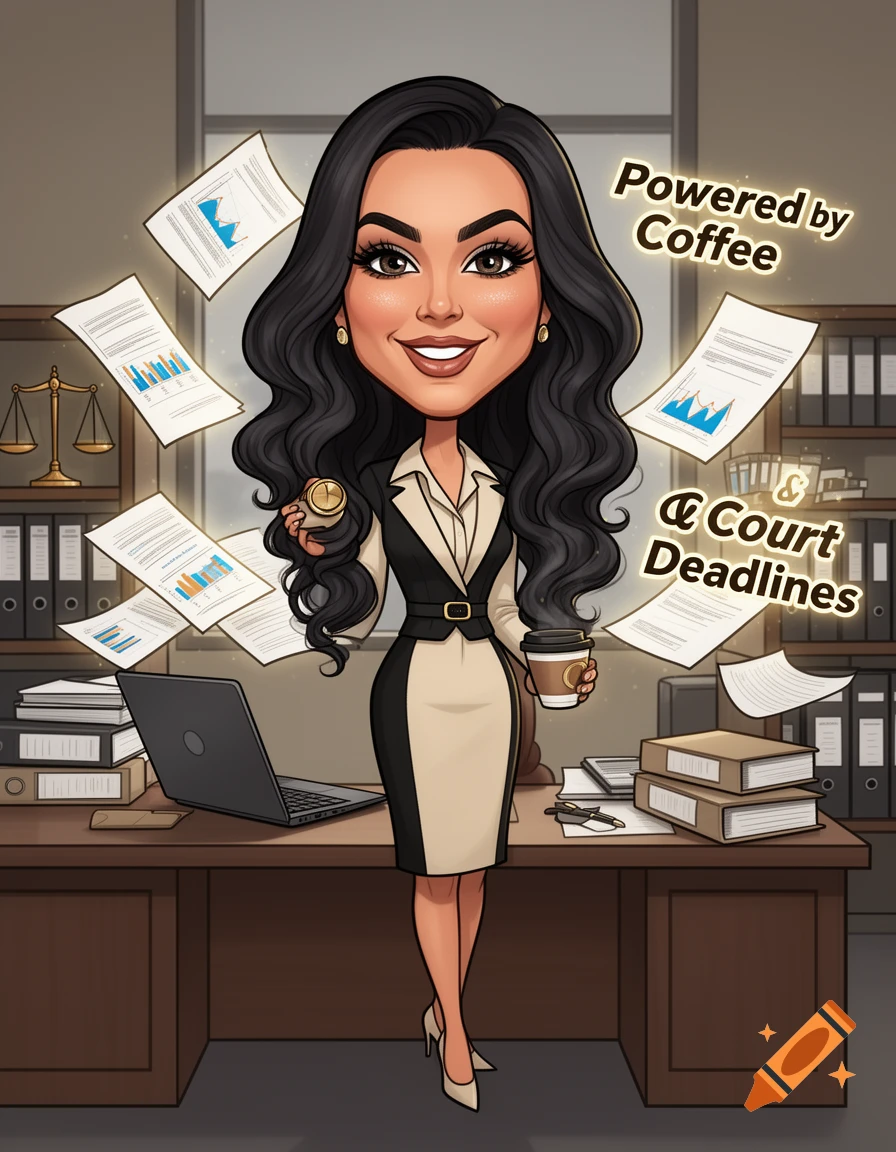 Glamorous cartoon caricature of a legal admin at her desk, holding coffee. Papers float around her, and scales of justice are visible in the background.