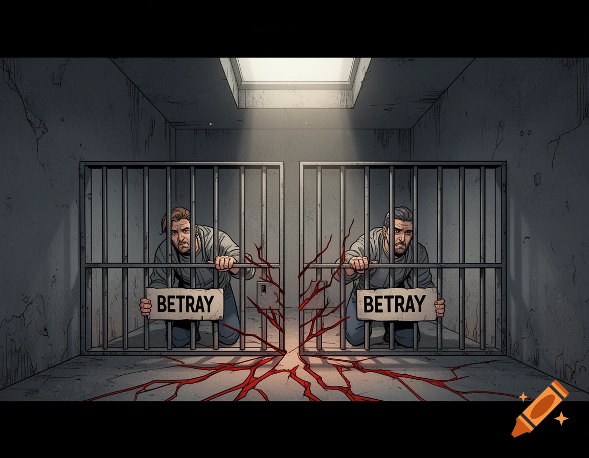 Two men in separate comic-style prison cells hold "BETRAY" signs, with red cracks spreading between them.