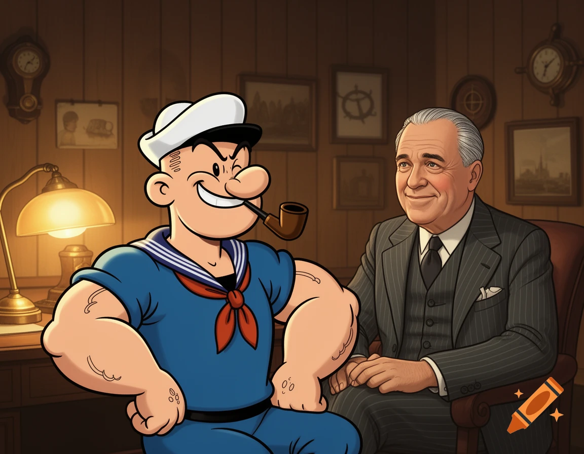 Cartoon Popeye the Sailor with a pipe sits next to a smiling Franklin D. Roosevelt in a wood-paneled office.