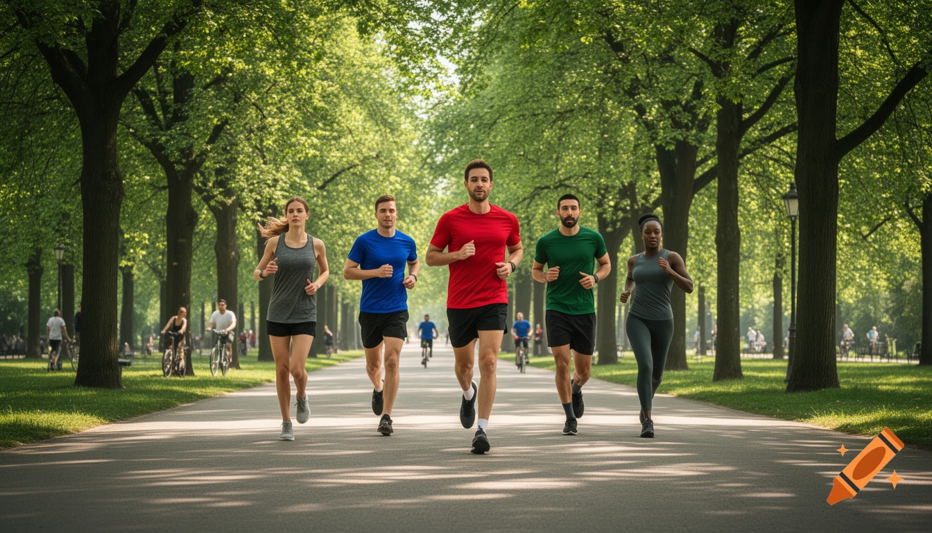Five people, two women and three men, jogging down a tree-lined park ...
