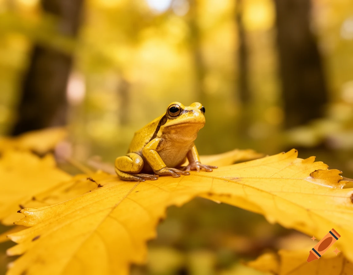 A photorealistic yellow frog sits on a large yellow leaf with a blurry yellow forest background.