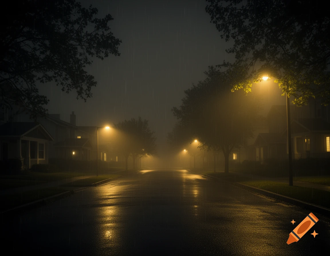 A gloomy, rainy night streetscape with glowing streetlights, reflecting on the wet road, and dim lights in houses.