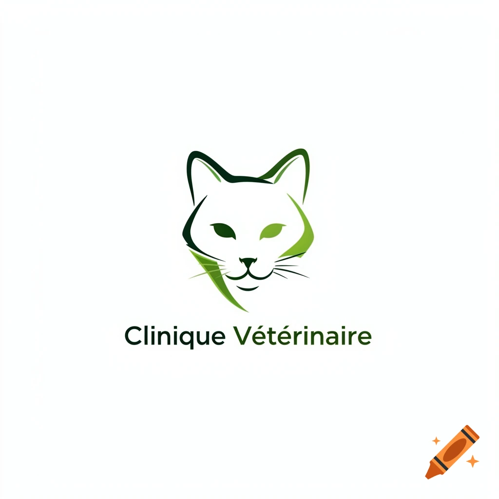 Minimalist logo of a cat head in green tones with the text 'Clinique Vétérinaire' below it.