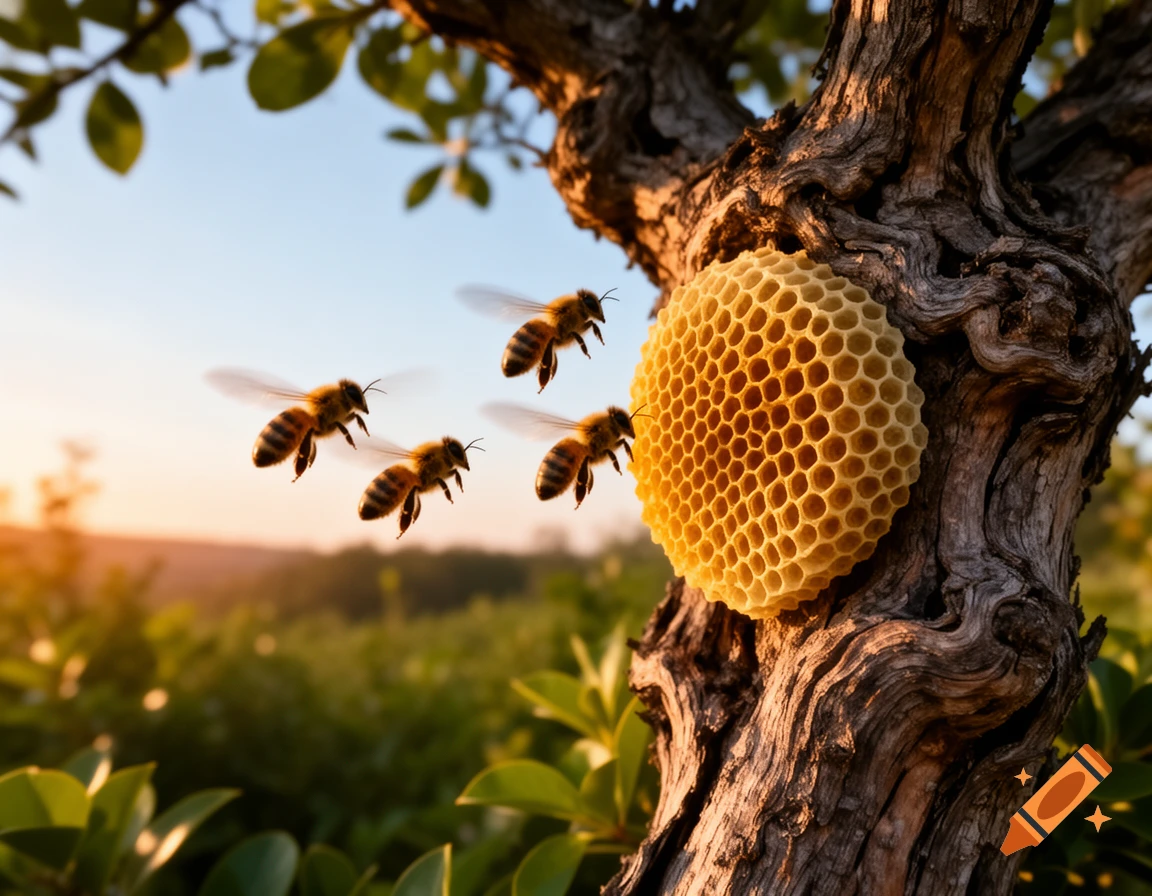 Four honeybees fly towards a honeycomb attached to a textured tree branch, illuminated by warm sunset light in a natural setting.