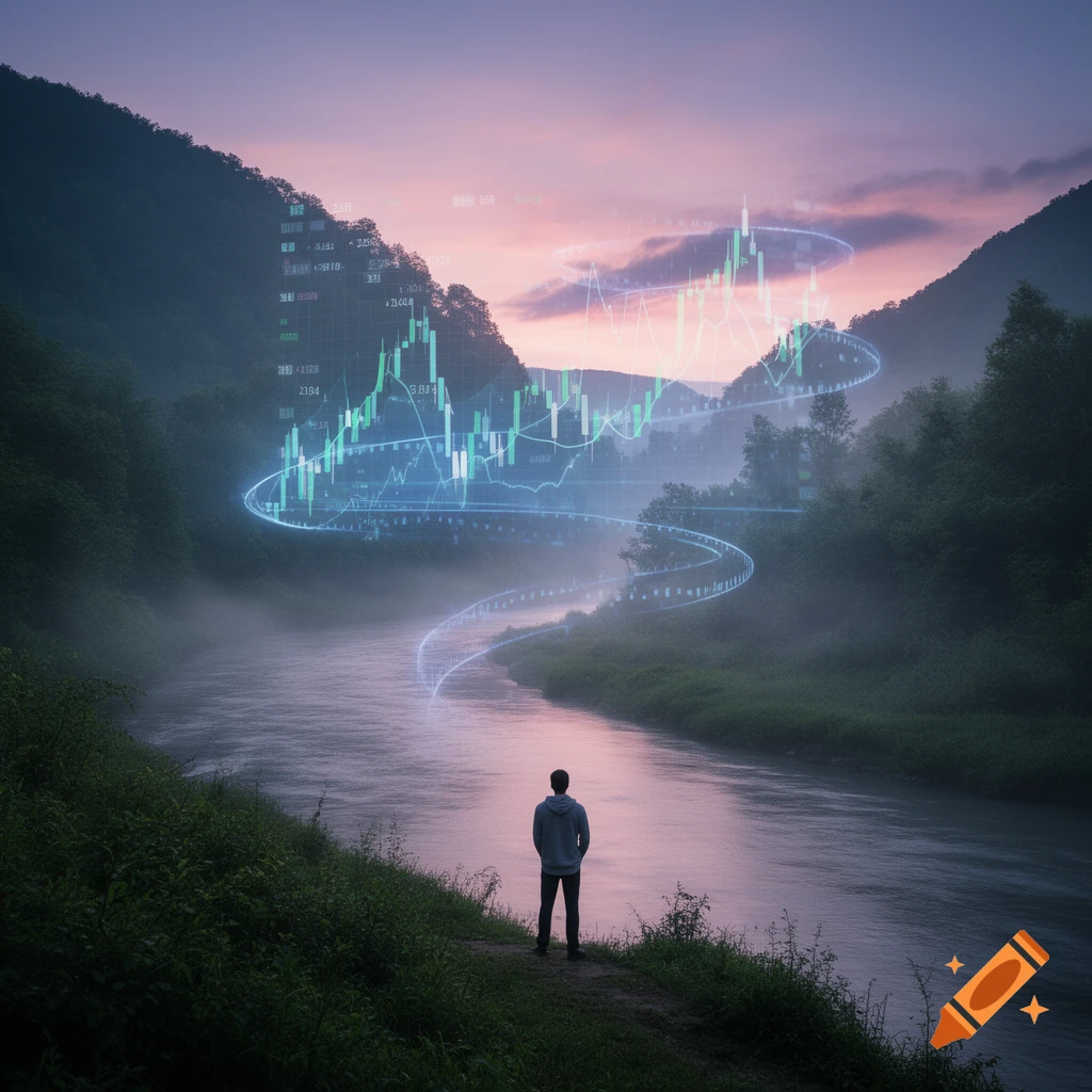 A person views a glowing, swirling stock market chart over a misty river in a valley at sunset.