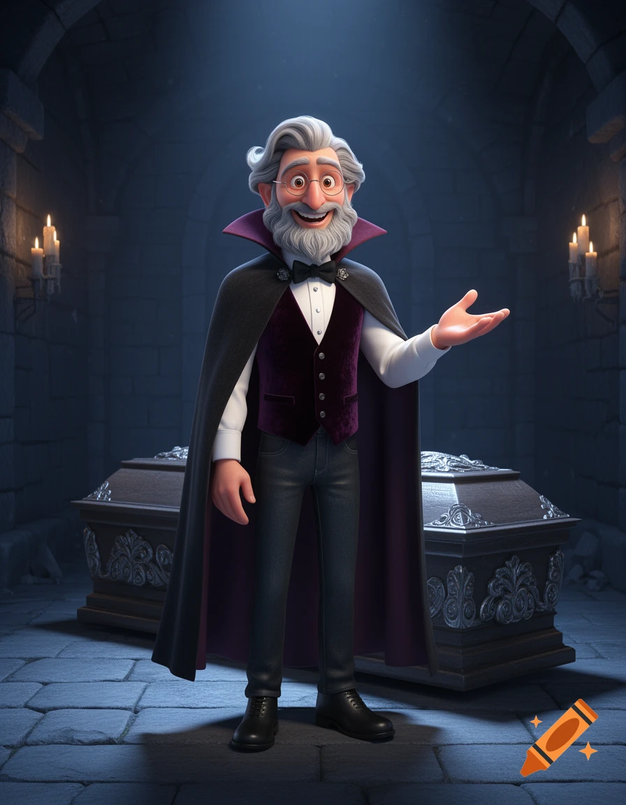 Friendly 3D animated vampire with glasses, beard, cape, and waistcoat, greets in a dark crypt with a coffin in the background.