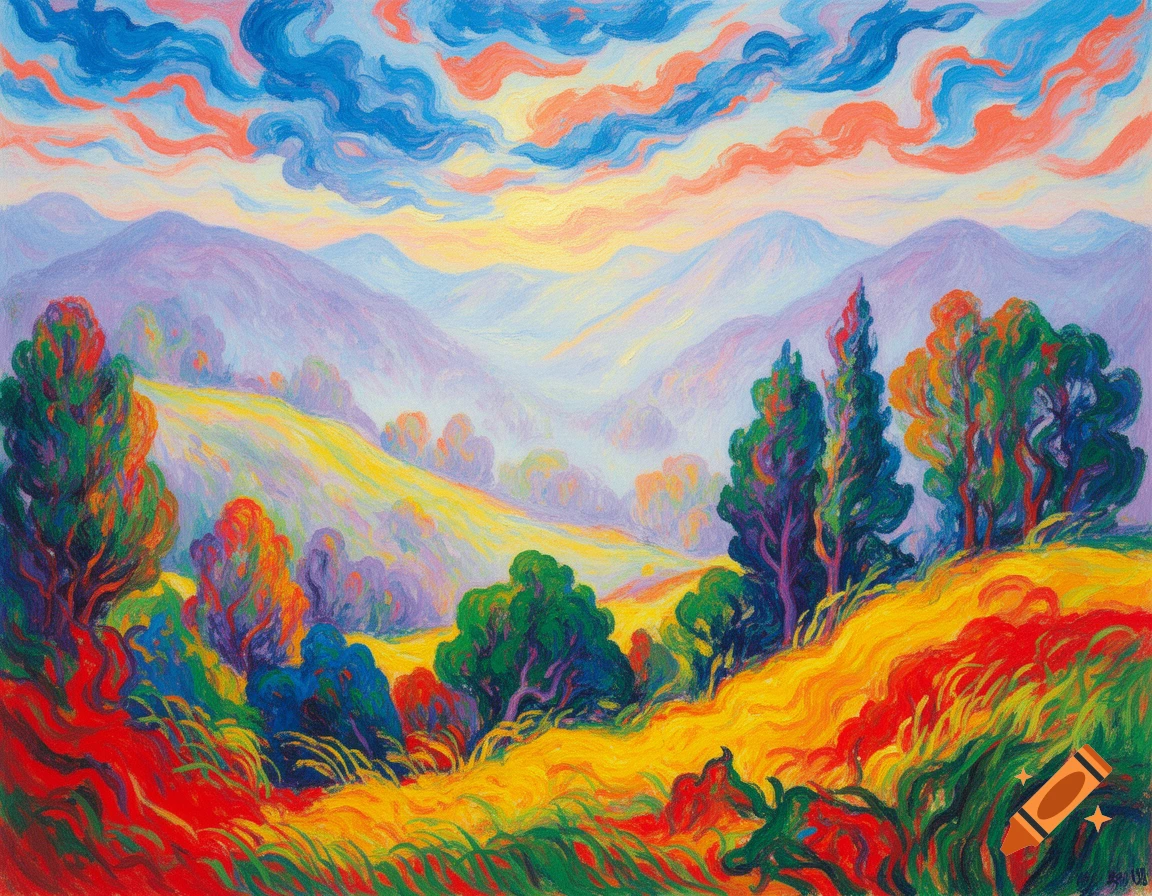 An expressive painting of a vibrant, colorful landscape at sunset with rolling hills, red and yellow fields, purple mountains, and an orange and blue cloudy sky.