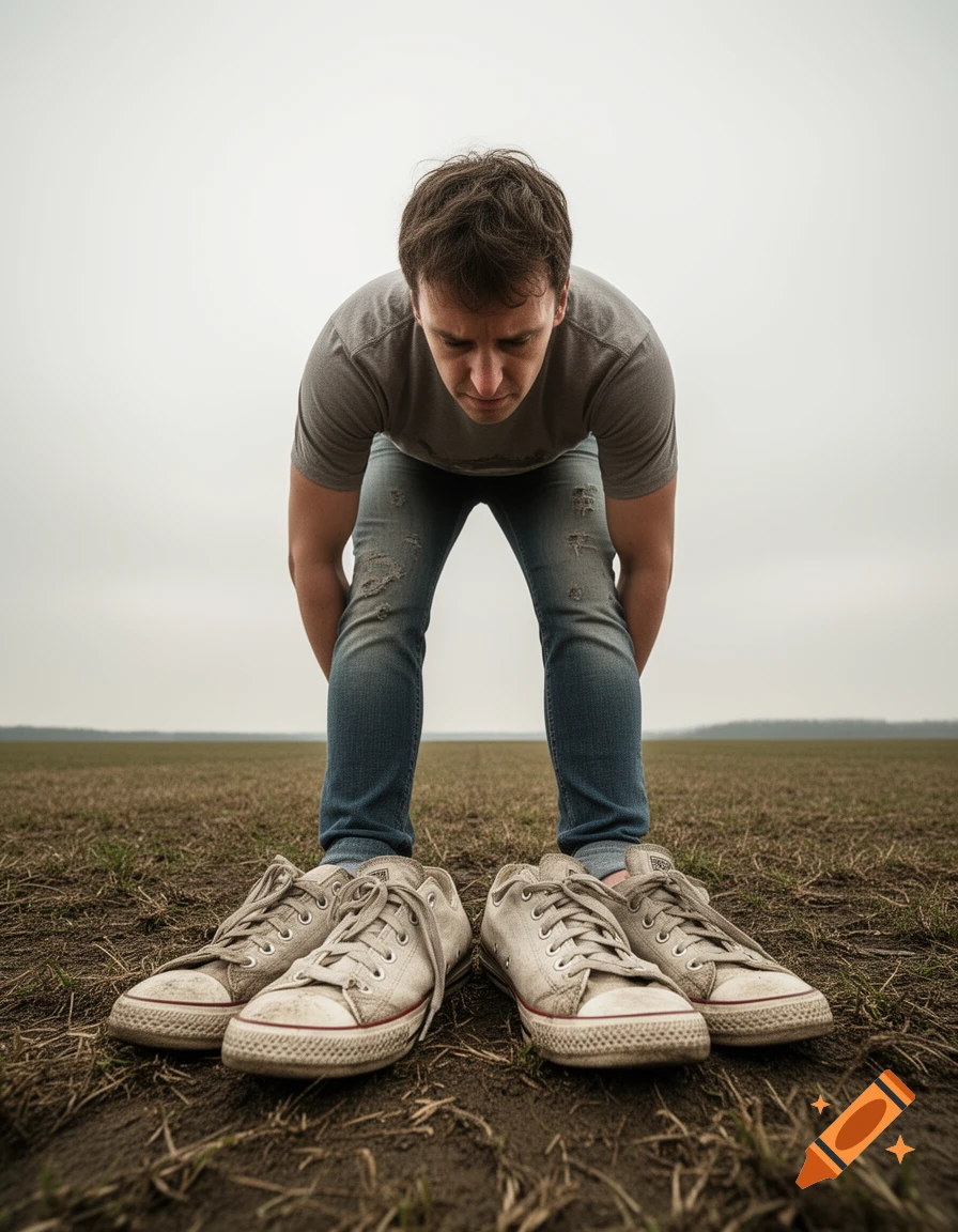 Man in jeans and t-shirt bending over, looking at two pairs of dirty white canvas shoes on a field.