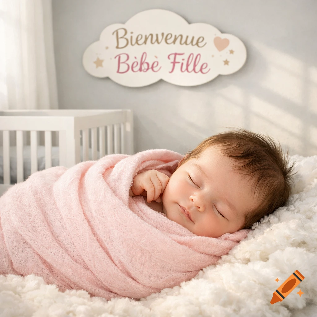 A sleeping newborn baby in a pink swaddle on a fluffy white blanket with a 'Bienvenue Bébé Fille' sign above, in a nursery.