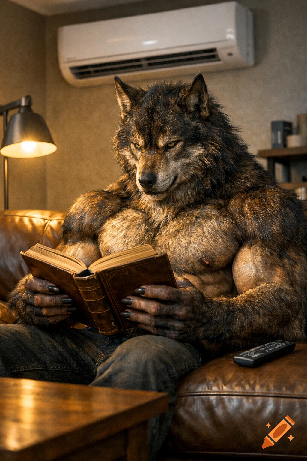 Photorealistic image of a muscular werewolf male sitting on a brown leather couch, engrossed in reading a book, with an air conditioner above.
