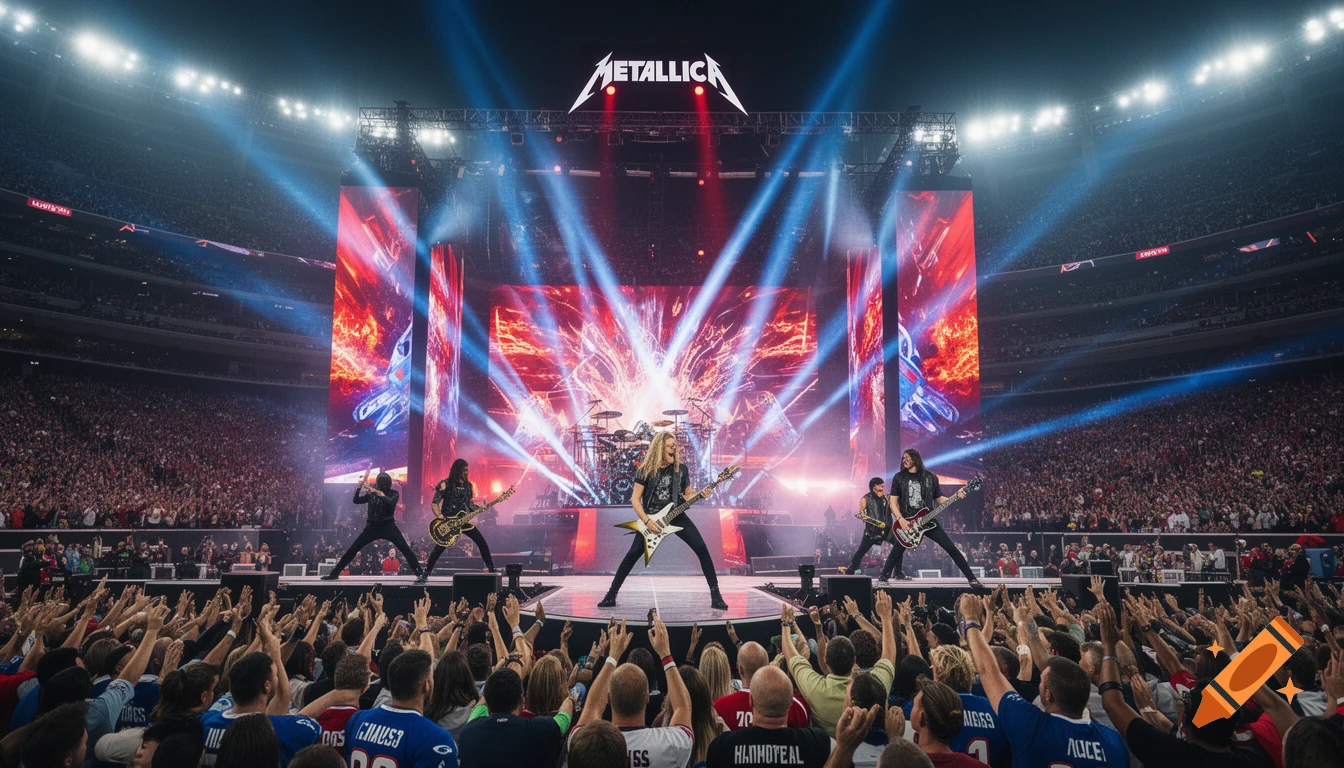 Photorealistic image of Metallica performing on a brightly lit stage in a packed stadium with a large, cheering crowd. Dramatic red and blue lights illuminate the stage and screens.