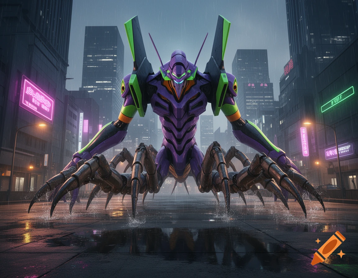A large purple and green mech, resembling an Evangelion unit with multiple centipede legs, stands in a rainy, neon-lit city street.