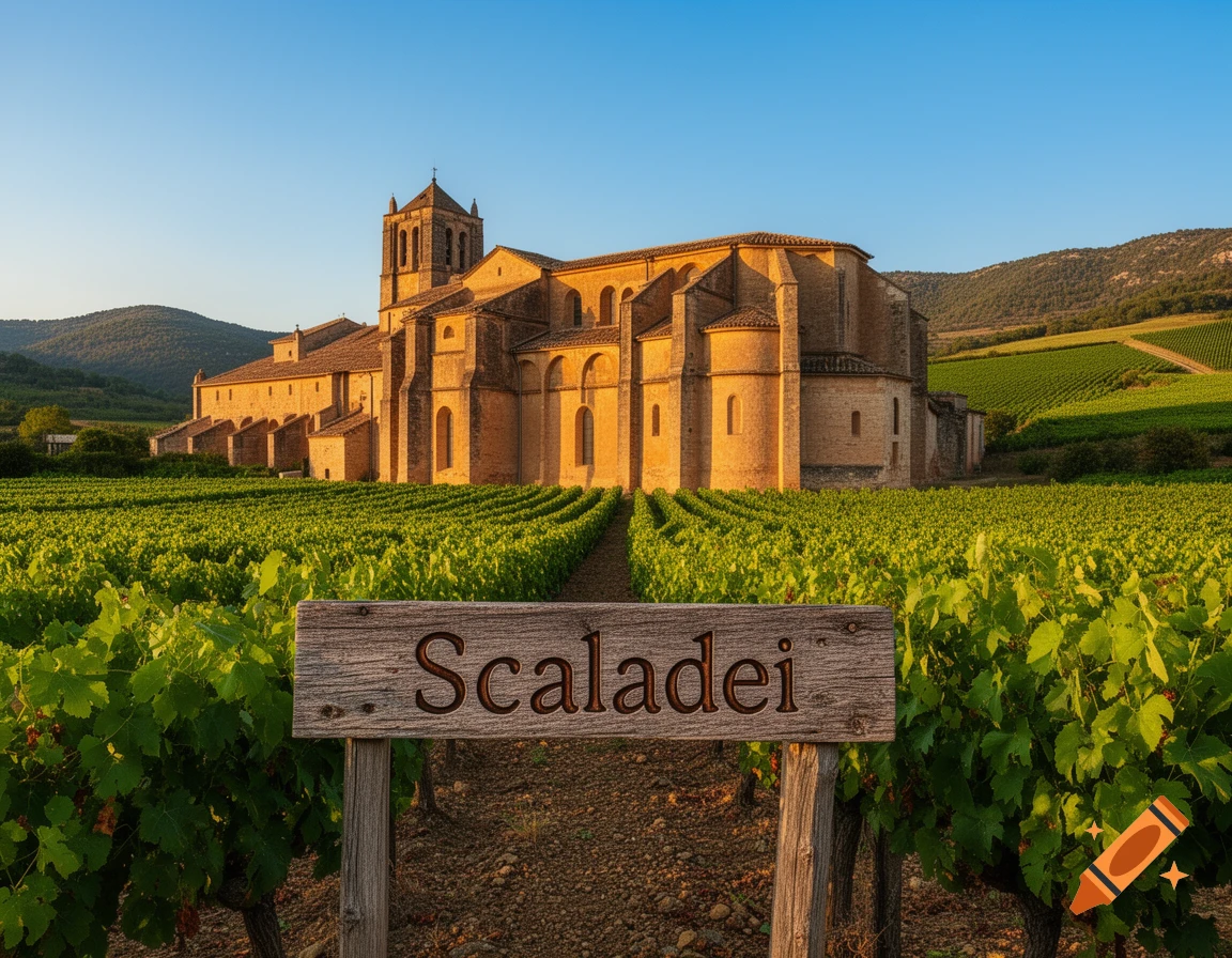 Photorealistic view of a historic stone monastery surrounded by lush green vineyards under a clear blue sky, with a sign reading 'Scaladei'.