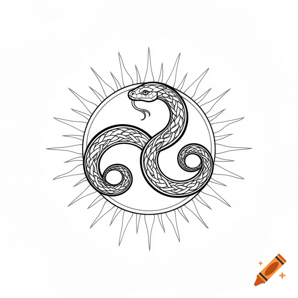 A minimalist black and white tattoo design featuring a serpent coiling around a triskelion symbol, encircled by sun rays.