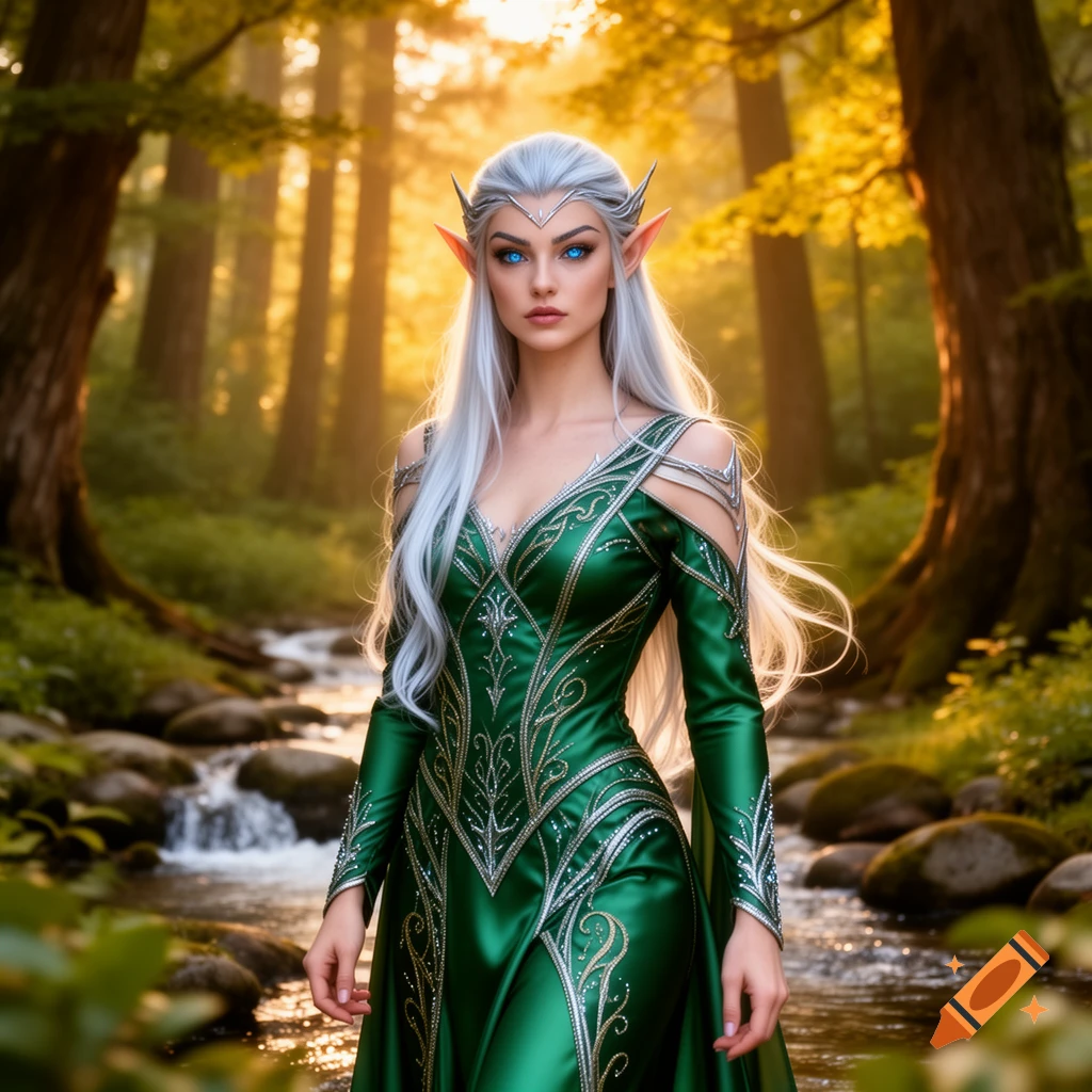 An elf woman with long silver hair, glowing blue eyes, and pointy ears, wearing an emerald green dress, stands in a sun-dappled forest.