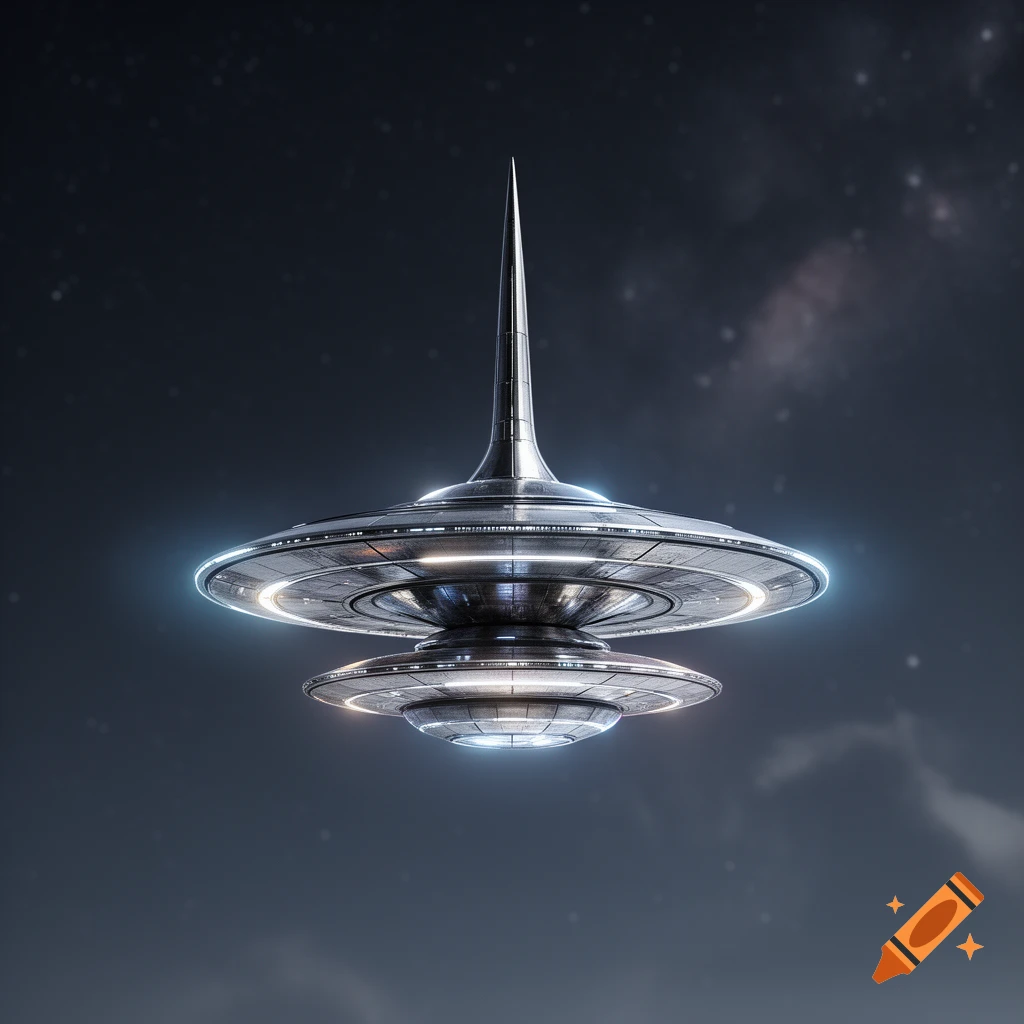 A shiny, multi-layered UFO or spaceship with a pointed top and glowing lights, set against a dark, star-filled sky.