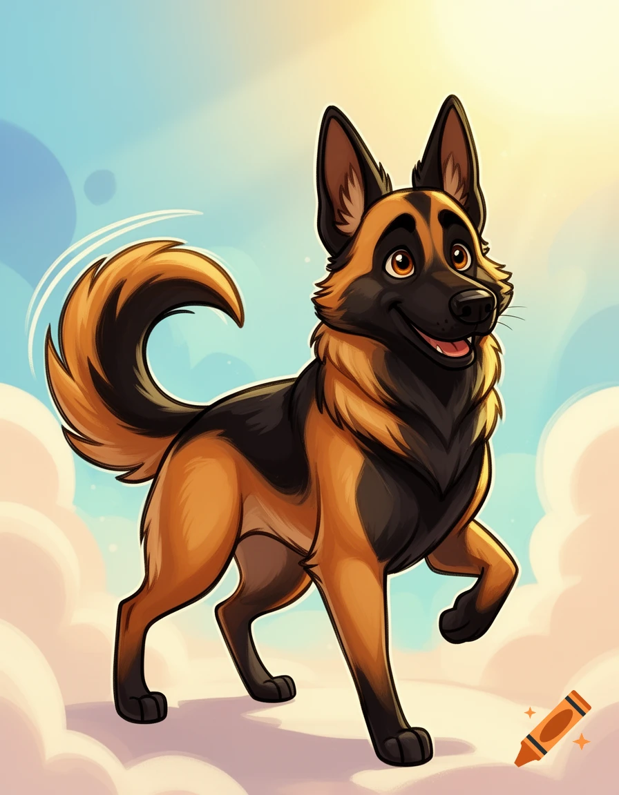 Cartoon German Shepherd dog smiling, standing on clouds under a blue and yellow sky.
